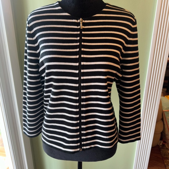 Chaps Black & White Striped Career Cardigan Sweater Zip Front Size Large NWOT - Picture 11 of 11